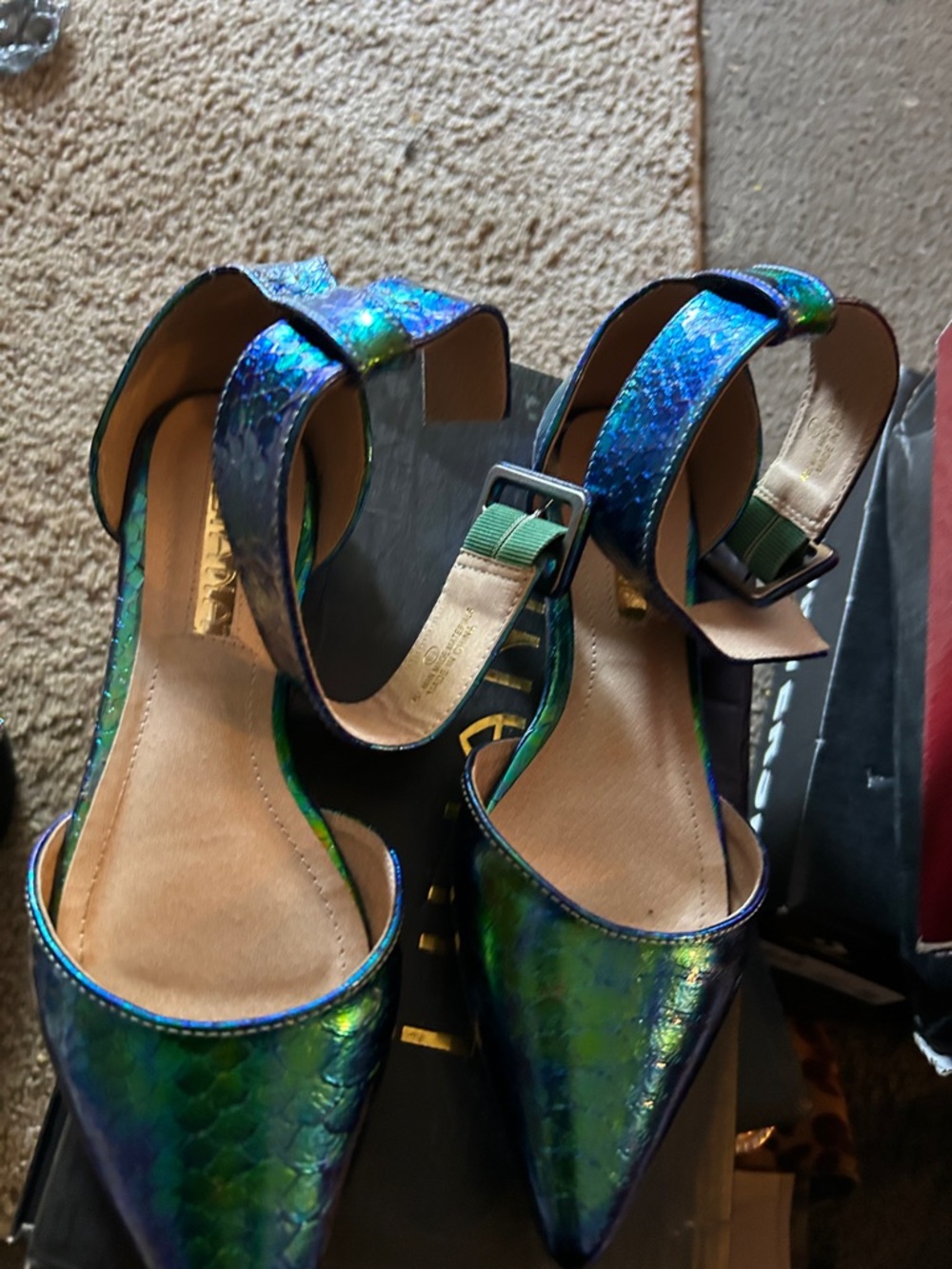 Liliana Iridescent Green-Blue Pointed Toe Ankle Strap Heels